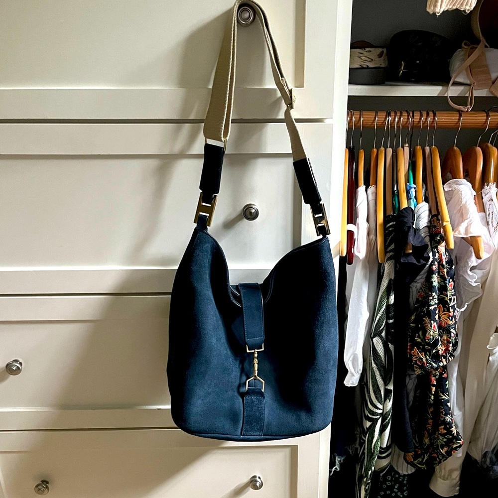 India Hicks Blue Suede Hobo bag. In good condition.
